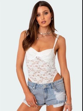 Edikted White Lace Bustier Bodysuit
